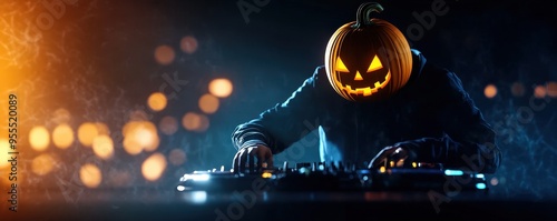 A DJ with a glowing pumpkin head creates a spooky atmosphere for Halloween parties, blending music and seasonal spirit.