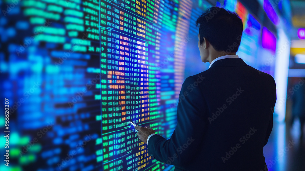 Businessman analyzing financial data on digital screen in control room Businessman analyzing financial data on digital screen in control room
