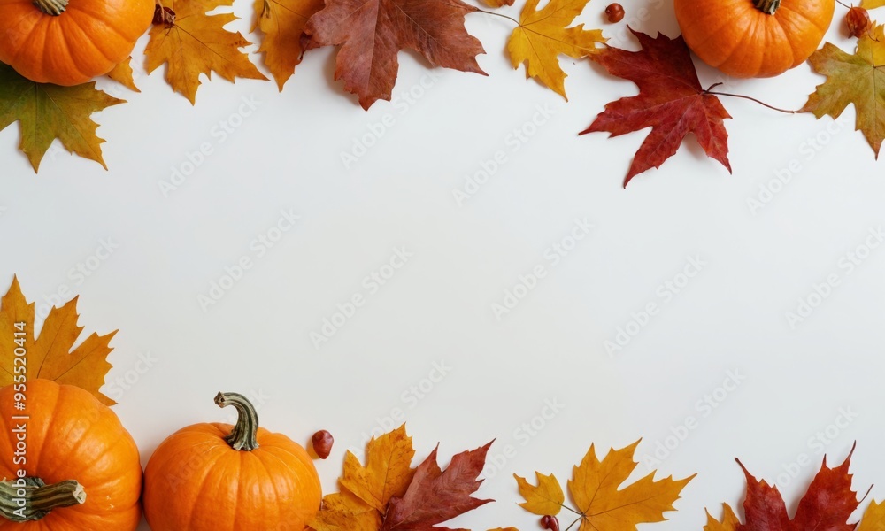 Autumn frame made of pumpkins and dried fall leaves at white background. Top and down border design, flat lay harvest composition with copy space, top view. Thanksgiving or Halloween holiday concept. Autumn frame made of pumpkins and dried fall leaves at white background. Top and down border design, flat lay harvest composition with copy space, top view. Thanksgiving or Halloween holiday concept.