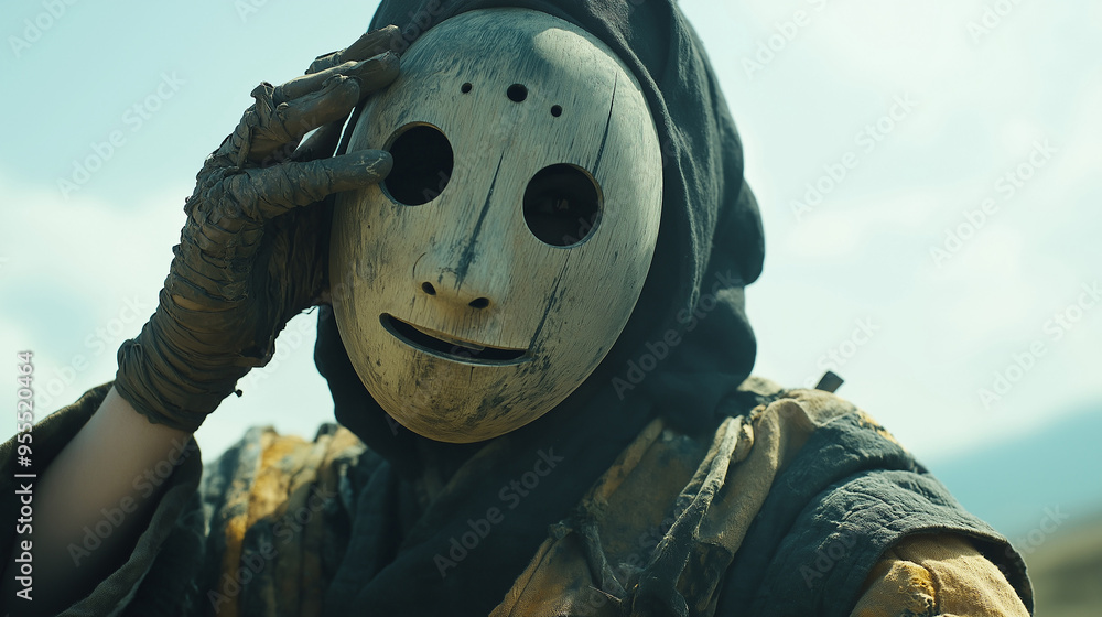 Post apocalyptic survivor wearing protective mask looking away Post apocalyptic survivor wearing protective mask looking away