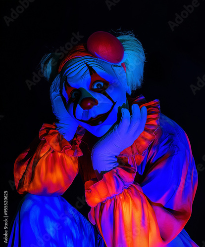 A scary clown stares at the camera, blacklight creates creepy glowing effect, isolated on black background - evil clown portrait for halloween, haunted carnival or circus theme invitation - Carnevil photo