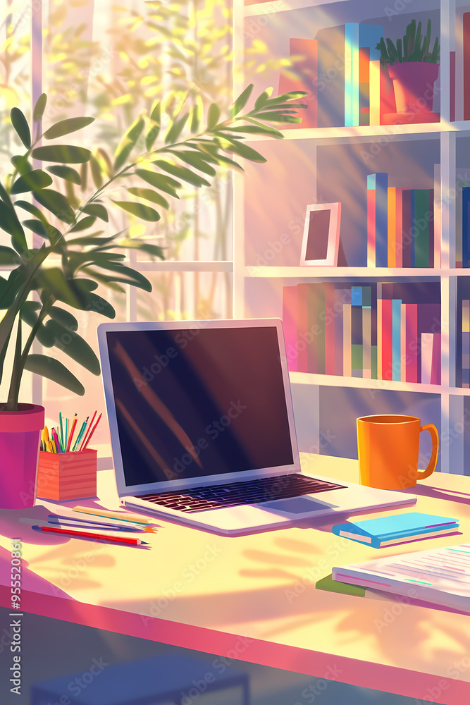 Bright and Organized Workspace with Laptop, Books, and Plants in Natural Sunlight, Vibrant Home Office Setup, Neat Desk Arrangement for Productivity and Creativity, Modern Office Supplies and Minimali Bright and Organized Workspace with Laptop, Books, and Plants in Natural Sunlight, Vibrant Home Office Setup, Neat Desk Arrangement for Productivity and Creativity, Modern Office Supplies and Minimali