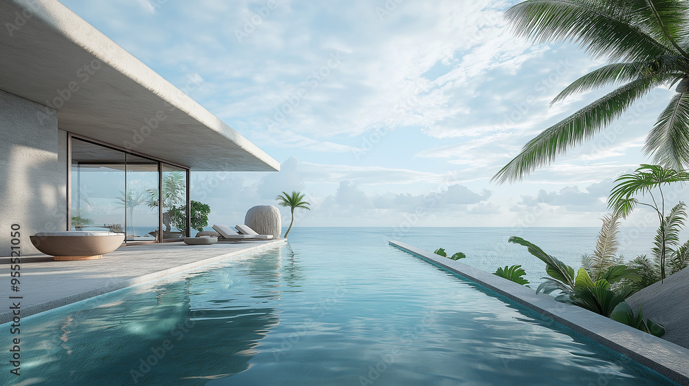 Fototapeta premium Infinity pool overlooking tropical ocean at a modern luxury villa