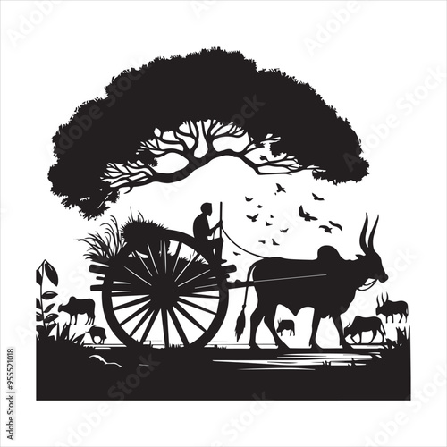 bullock cart wheel silhouette vector With White Background