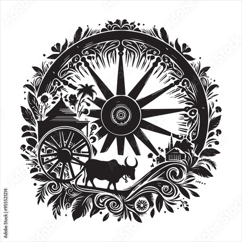 bullock cart wheel silhouette vector With White Background