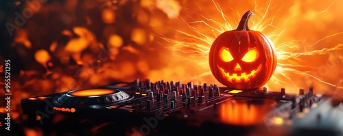 A spooky Halloween scene featuring a glowing jack-o'-lantern beside a DJ mixer, perfect for festive music events and parties.