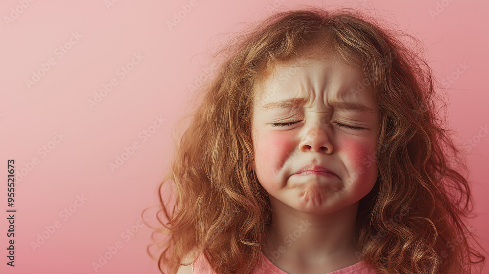 Young girl is closing her eyes and grimacing, her cheeks red Young girl is closing her eyes and grimacing, her cheeks red
