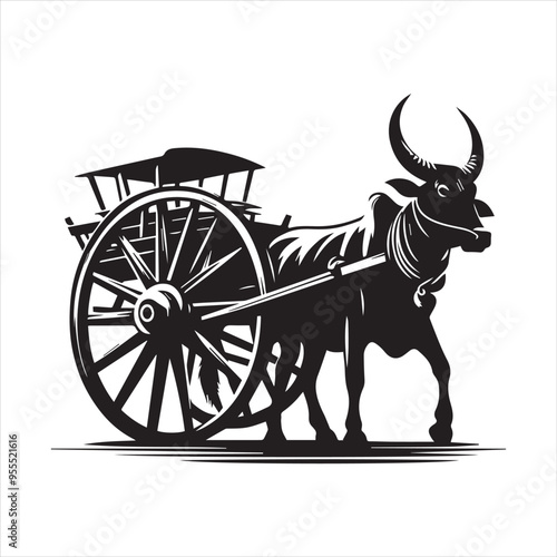 bullock cart wheel silhouette vector With White Background