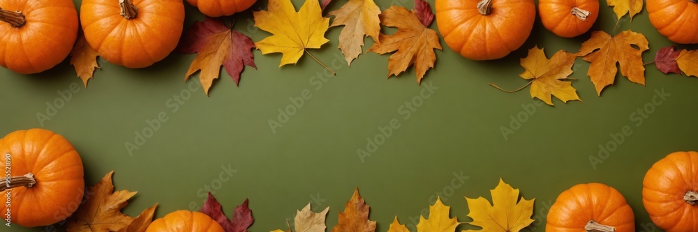 Autumn frame made of pumpkins and fall leaves, olive green background. Top and down wide border design, flat lay harvest composition with copy space, top view. Thanksgiving, Halloween holiday concept Autumn frame made of pumpkins and fall leaves, olive green background. Top and down wide border design, flat lay harvest composition with copy space, top view. Thanksgiving, Halloween holiday concept