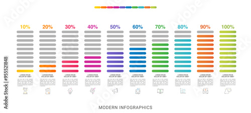 Colorful gradient bars template list. Vector modern infographic illustration with icons and percentages for banner, presentations, app, content, timelines.