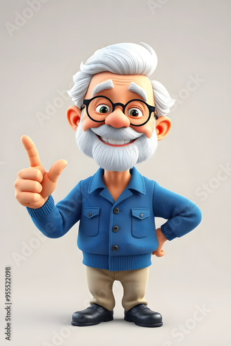 A cheerful animated elderly man with white hair and glasses, wearing a blue sweater and beige pants. He is smiling and pointing with one finger, exuding a friendly and approachable demeanor.