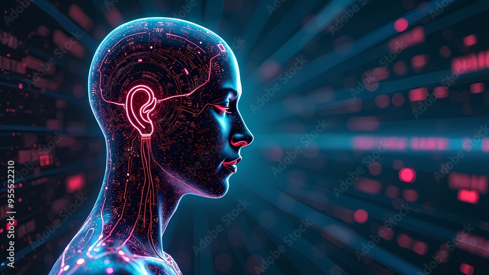 Obraz premium Human Face Merging with Digital Interface, Neon Circuits, Tech Patterns