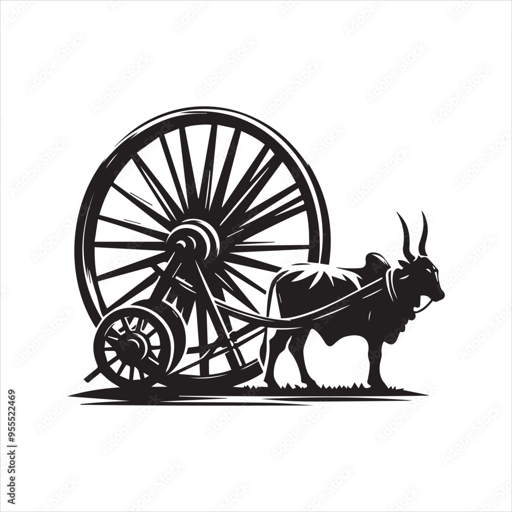 Fototapeta premium bullock cart wheel silhouette vector With White Background
