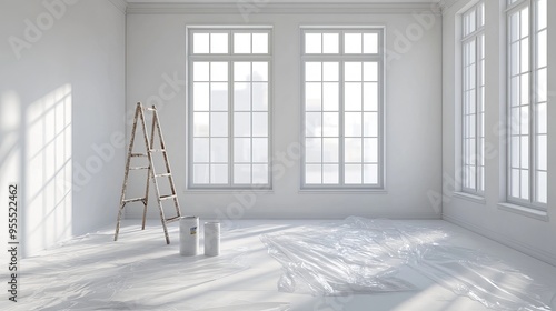 After renovations, clear out a room in your home or apartment. Interior with large windows, protective plastic on the floor, paint can, step ladder, and white, recently painted walls;. Home remodeling