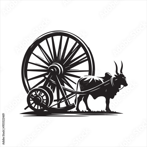 bullock cart wheel silhouette vector With White Background