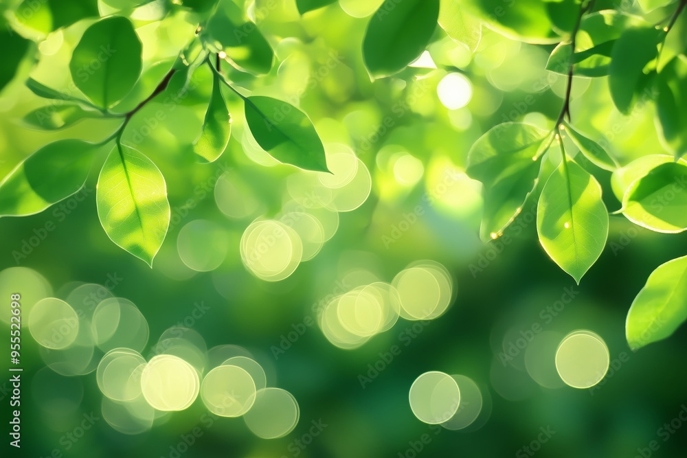 Lush green leaves shimmering under sunlight with a soft bokeh effect in a serene outdoor setting Lush green leaves shimmering under sunlight with a soft bokeh effect in a serene outdoor setting