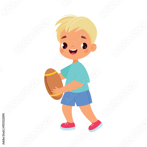 Boy Character Play Rugby Do Sport Vector Illustration