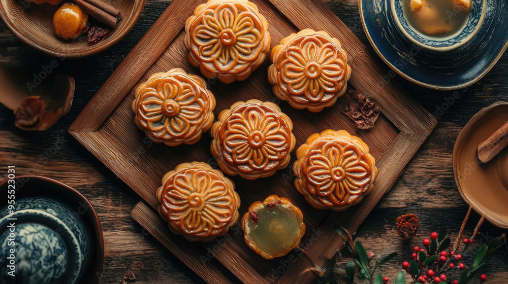 mooncakes on table, top view, stylish food photo, mid autumn festival, september 17, reunification day, traditional chinese treat, food, baking, national meal, holiday, celebration, China mooncakes on table, top view, stylish food photo, mid autumn festival, september 17, reunification day, traditional chinese treat, food, baking, national meal, holiday, celebration, China