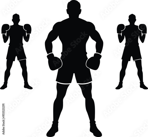 Set of Boxing Player activities Boxer Black Silhouette Vector Illustration