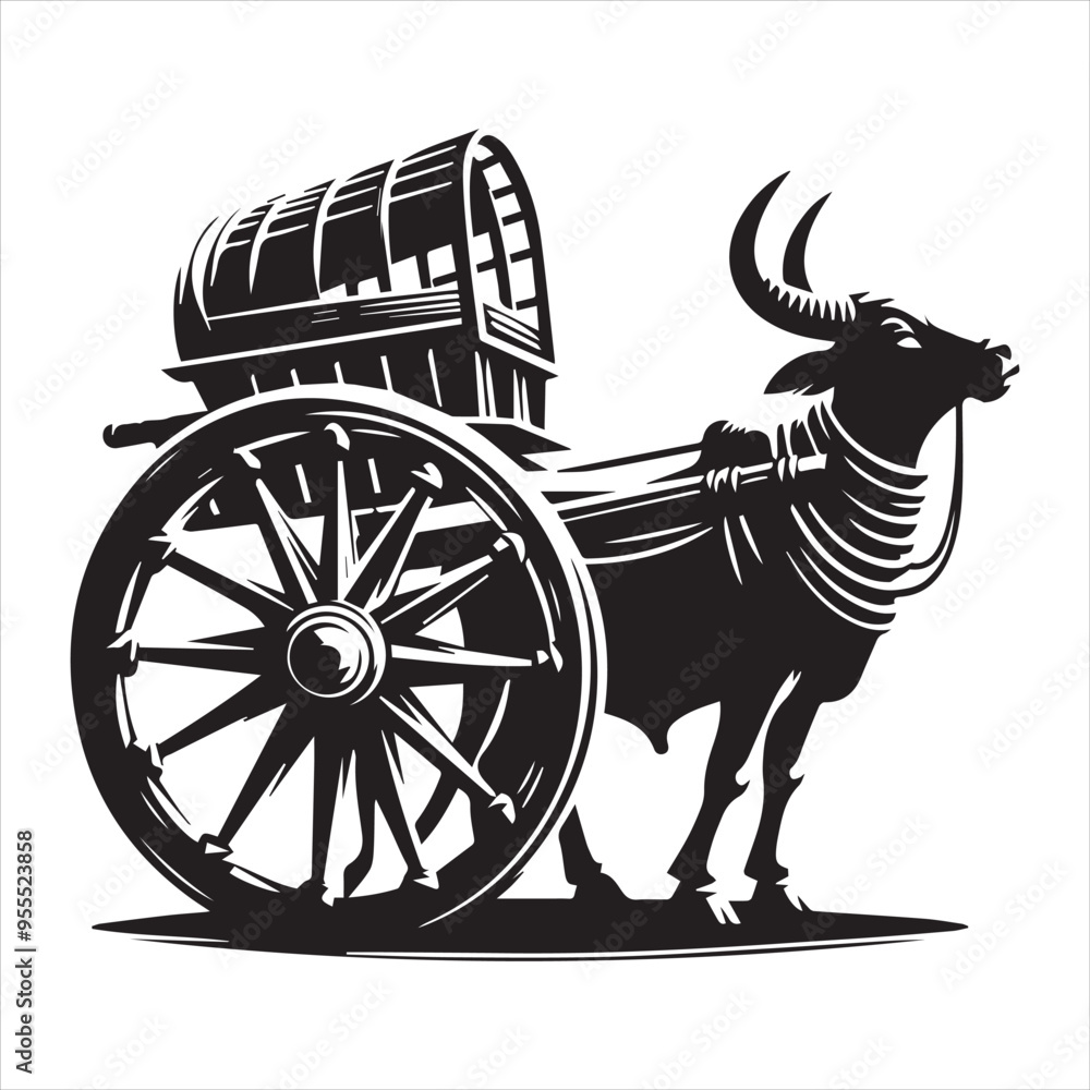 Fototapeta premium bullock cart wheel silhouette vector With White Background