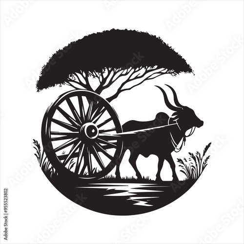 bullock cart wheel silhouette vector With White Background