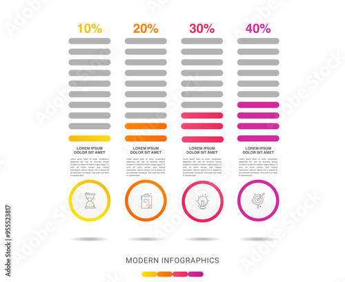 Vector infographic design template. Modern concept with 4 steps. Creative timeline with graph elements, percentage circles and icons. Performance analysis in percent