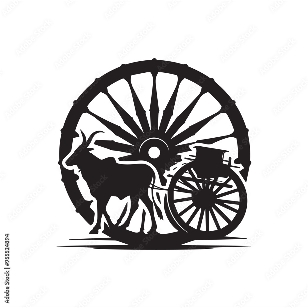 Fototapeta premium bullock cart wheel silhouette vector With White Background