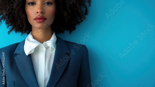 Close-up portrait of a woman wearing a blue suit and white blouse, standing against a vibrant teal background, expressing confidence and professional elegance. photo