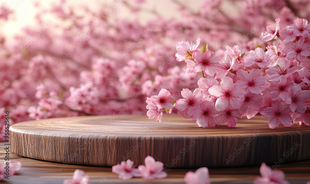 An Empty Wood Table Stands Gracefully Amid Pink Cherry Blossoms, Waiting To Elevate Your Product In A Floral Setting Filled With Elegance, Serenity, And Beauty. An Empty Wood Table Stands Gracefully Amid Pink Cherry Blossoms, Waiting To Elevate Your Product In A Floral Setting Filled With Elegance, Serenity, And Beauty.