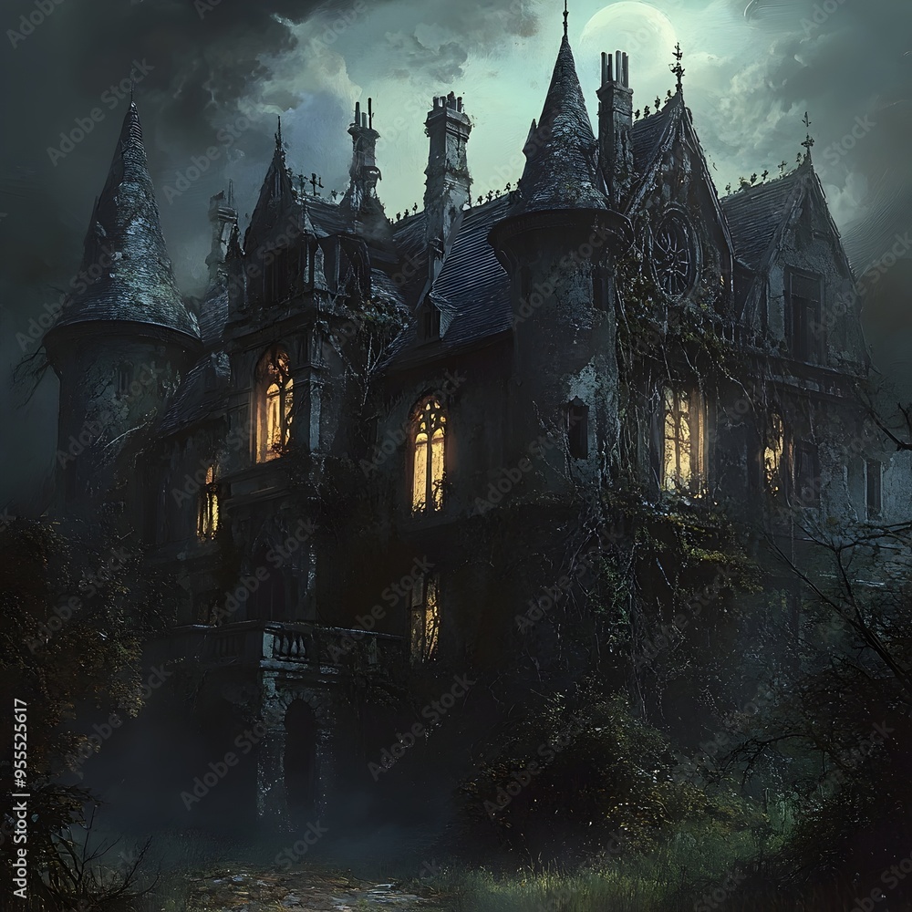 Haunted Victorian Mansion with Towering Spires and Eerie Glowing Windows on a Moonlit Night Haunted Victorian Mansion with Towering Spires and Eerie Glowing Windows on a Moonlit Night