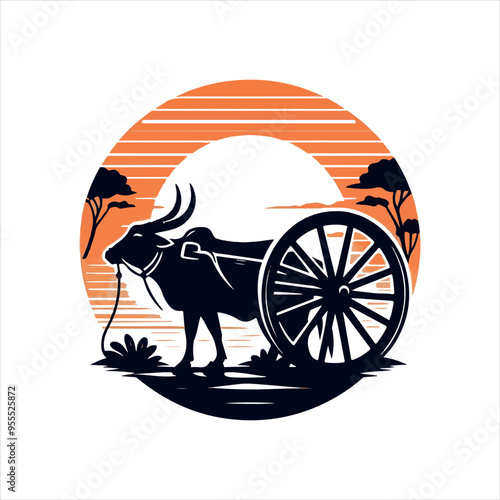 bullock cart wheel silhouette vector With White Background
