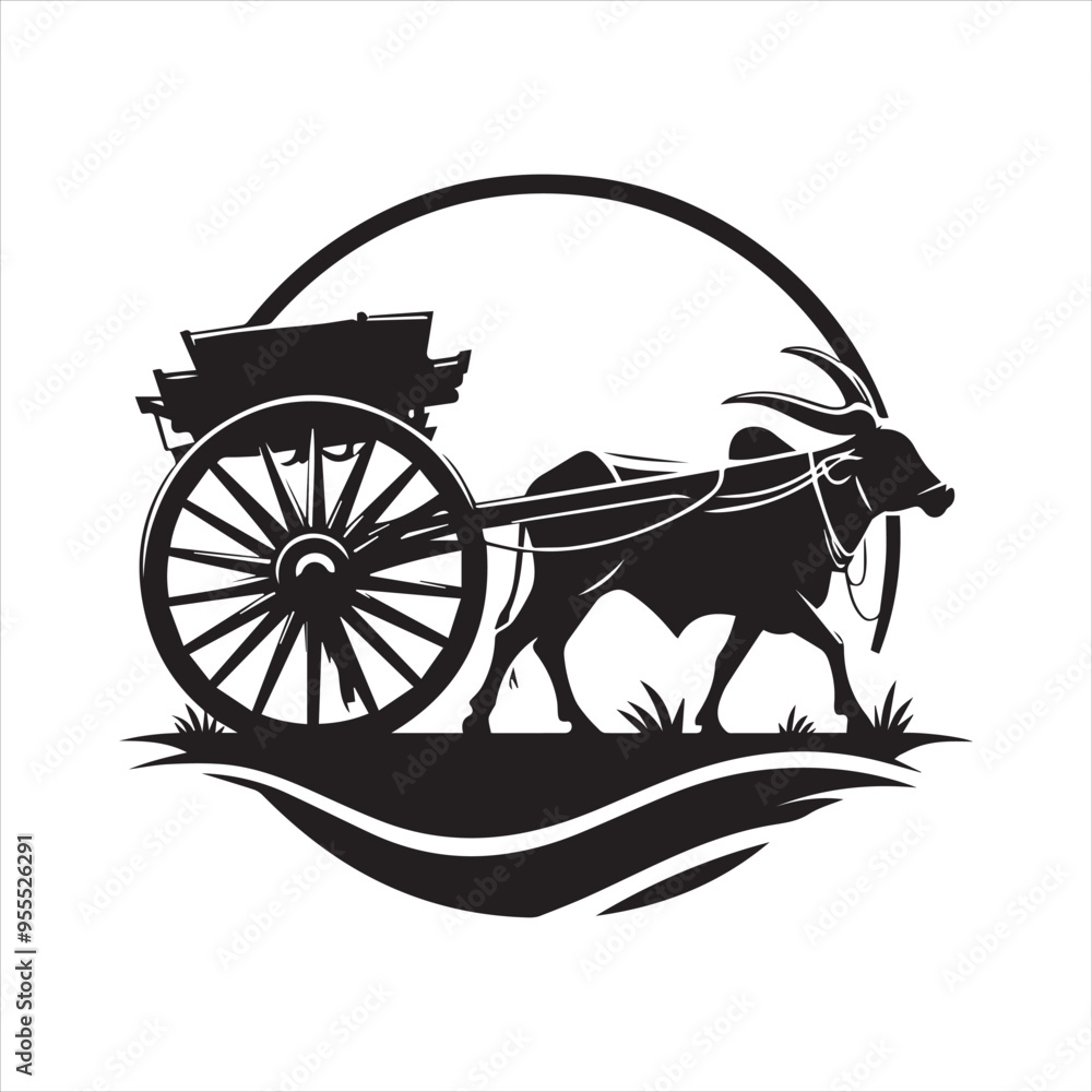Fototapeta premium bullock cart wheel silhouette vector With White Background