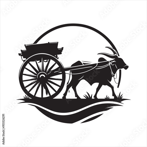 bullock cart wheel silhouette vector With White Background