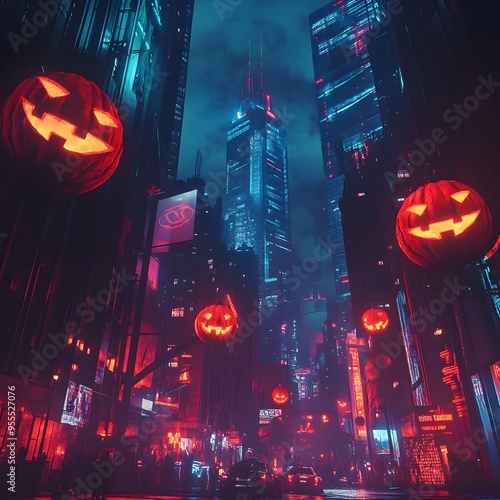 Neon drenched Halloween Cityscape with Glowing Jack o  Lanterns and Dramatic Lighting photo