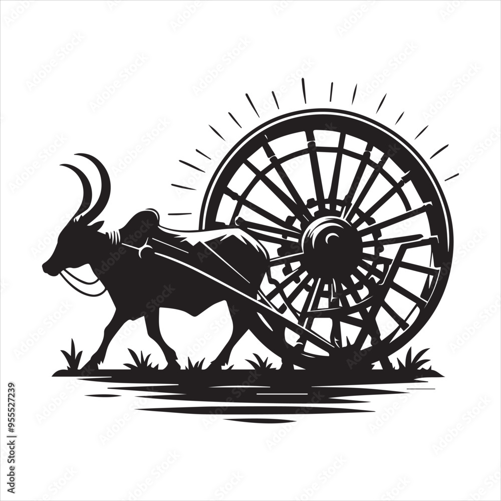 Fototapeta premium bullock cart wheel silhouette vector With White Background