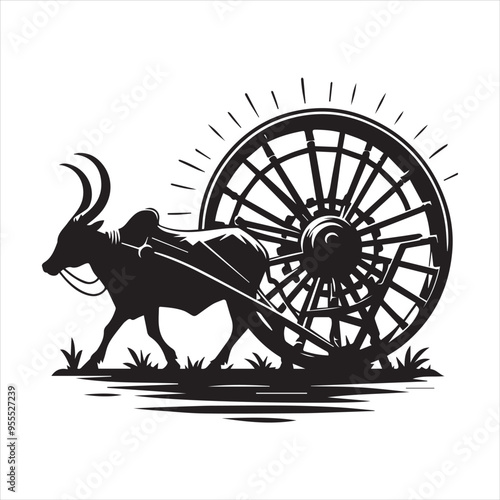 bullock cart wheel silhouette vector With White Background