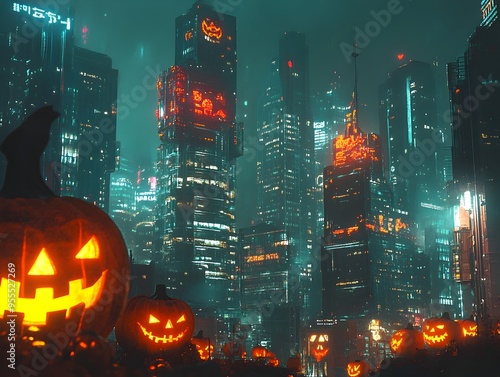 Cyberpunk Infused Cityscape with Glitching Neon Jack o  Lanterns and Haunting Halloween Motifs photo