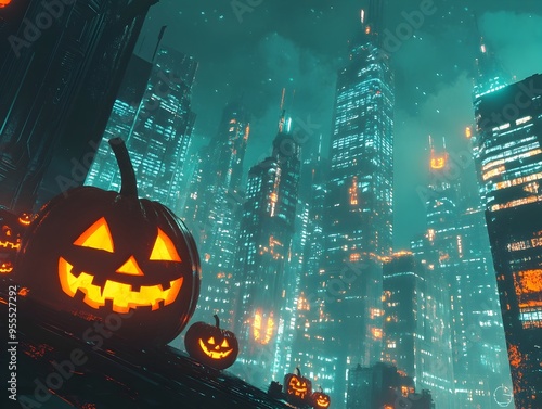 Cityscape With Glitching Neon Halloween Motifs and Haunting Skyscrapers photo