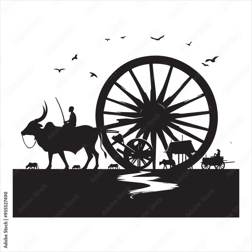 Fototapeta premium bullock cart wheel silhouette vector With White Background