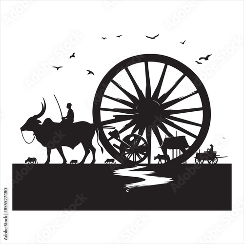 bullock cart wheel silhouette vector With White Background