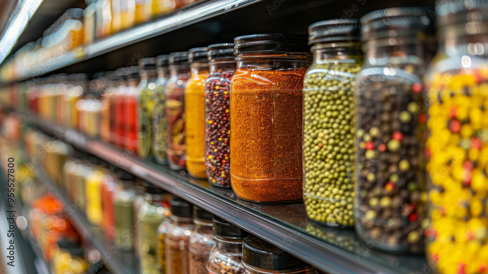 Jars of various spices on a supermarket shelf. Jars of various spices on a supermarket shelf.