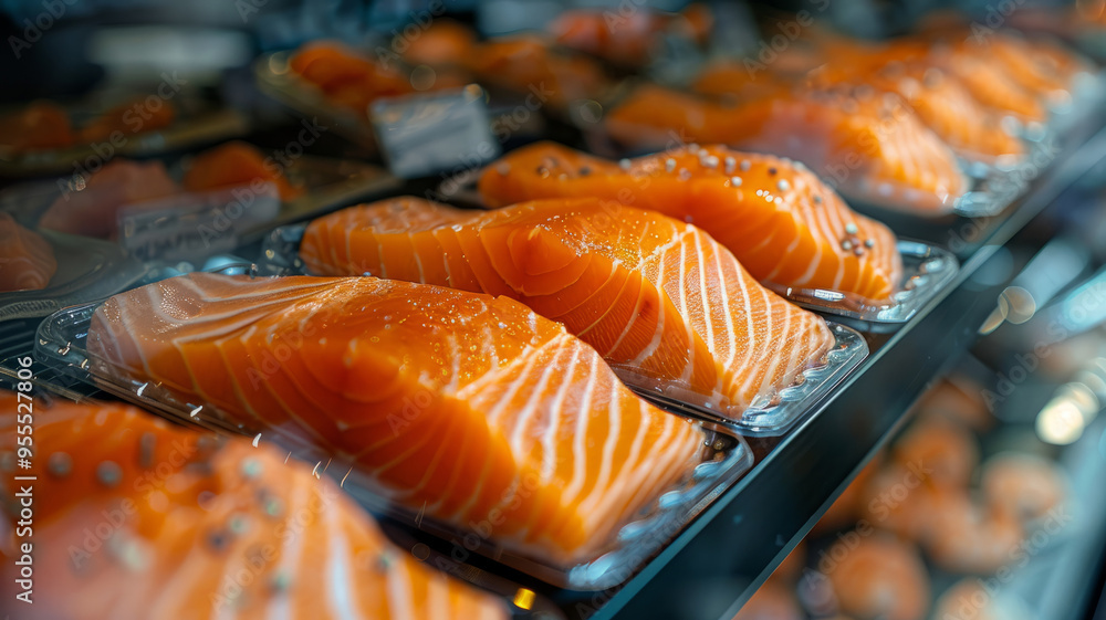 Fresh salmon fillets displayed on a market shelf. Fresh salmon fillets displayed on a market shelf.