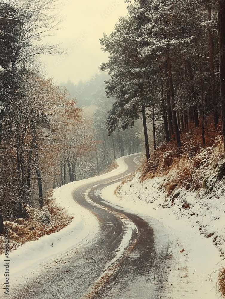 A serene winter road winding through a snow-covered forest, showcasing nature's peaceful beauty in a tranquil landscape. A serene winter road winding through a snow-covered forest, showcasing nature's peaceful beauty in a tranquil landscape.