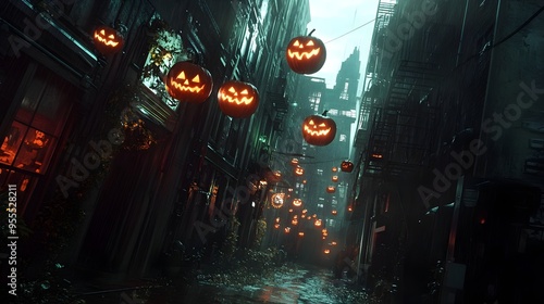 Moody Retrofuturistic Metropolis Illuminated by Jack o  Lanterns and Holographic Halloween Ornaments photo