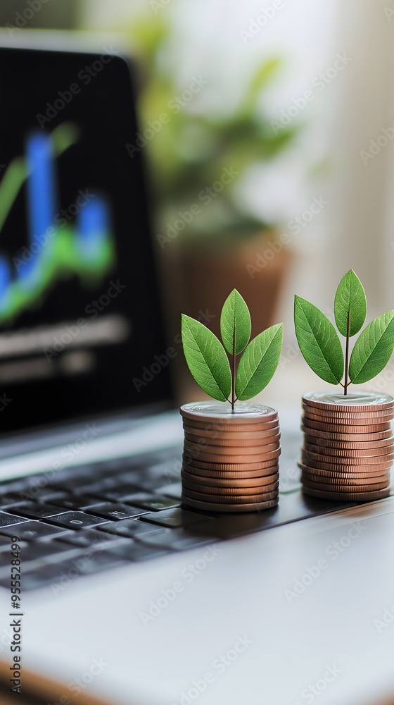 A wallpaper featuring green saplings growing on coins, symbolizing growth, business, and development. A wallpaper featuring green saplings growing on coins, symbolizing growth, business, and development.