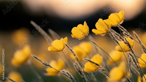 A close-up view of several yellow flowers gently swaying in the breeze, capturing the motion and delicate beauty of the petals and stems against a blurred background.