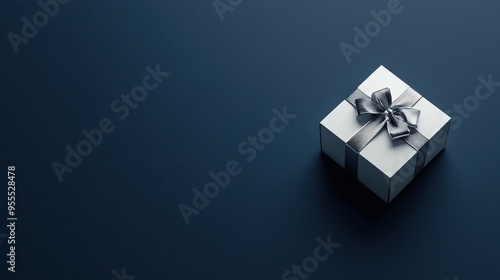 Minimalist Gift Box with Silver Ribbon on Dark Blue Background for Modern Promotional Posters photo