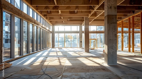 Interior View of a Building Under Construction: Exposed Framework and Raw Concrete Floors.