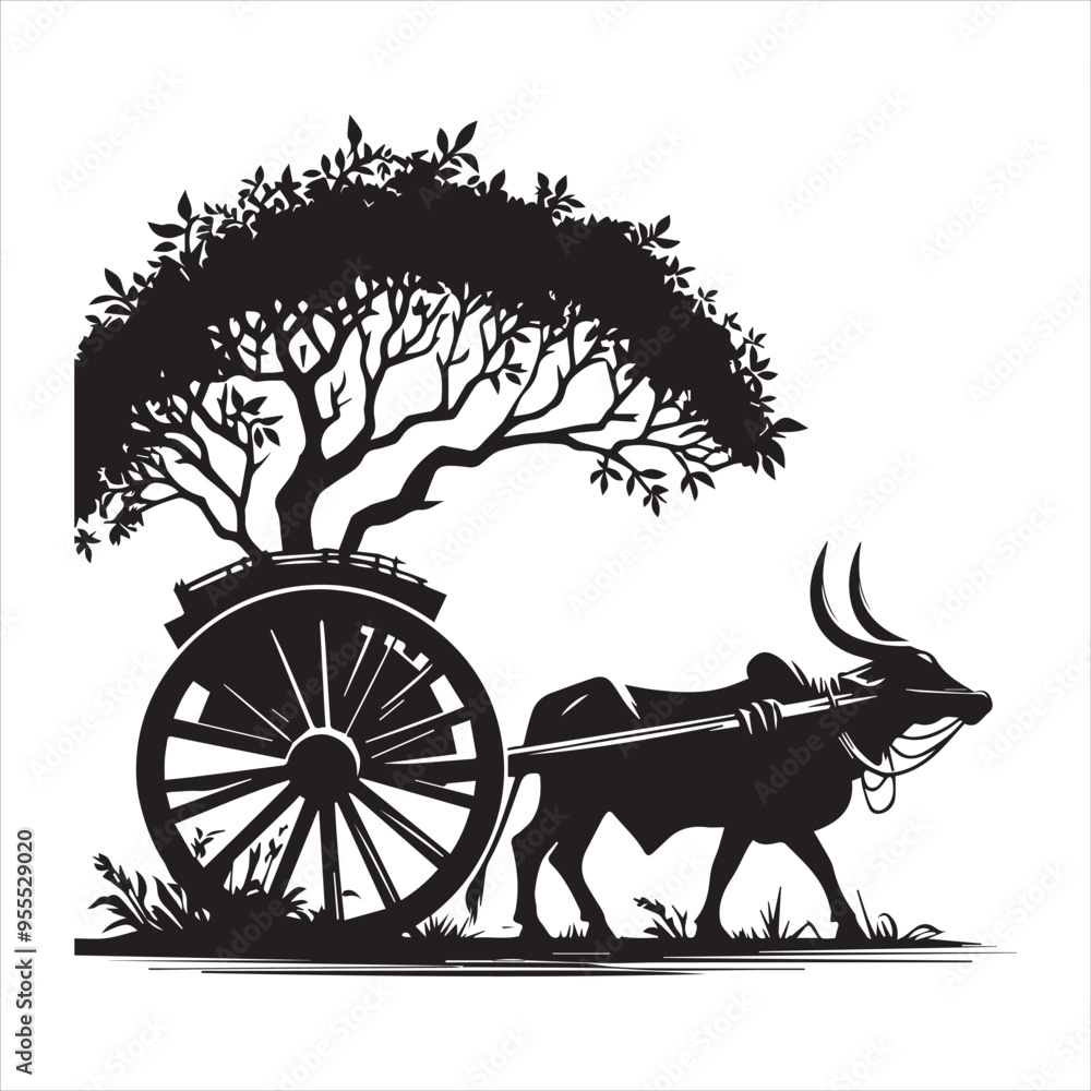 Fototapeta premium bullock cart wheel silhouette vector With White Background