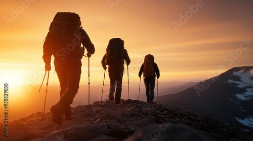 Three hikers are depicted reaching a mountain summit at sunrise, symbolizing achievement, camaraderie, and the beauty of nature's start of a new day journey. photo